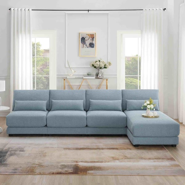 120 in. Square Arm Fabric L-Shaped Sofa with Reversible Chaise in Blue