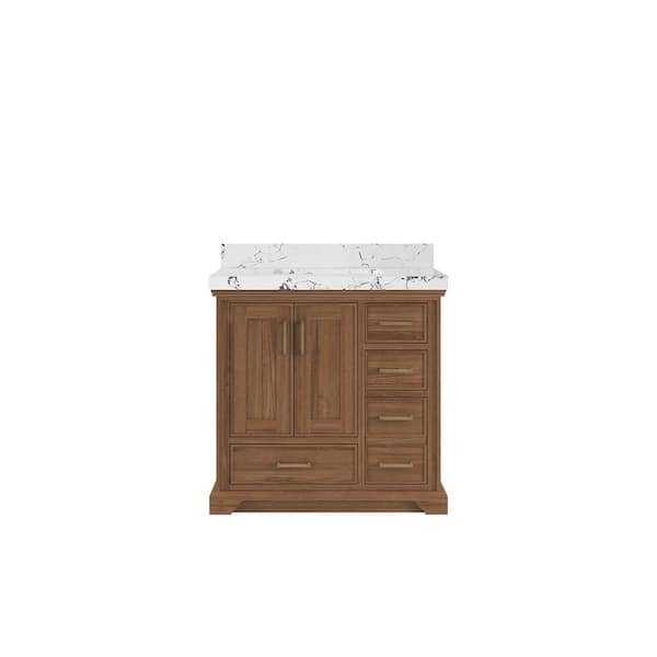 Willow Collections Charlotte Teak 36 in. W x 22 in. D x 36 in. H Center Sink Bath Vanity in Dark Natural with 2 in. Viola Night Top