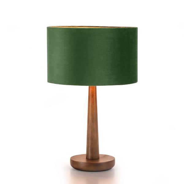 Keazile Theo 18.5 in. Walnut Table Lamp with Green Velvet Round Shade and Solid Wood Base