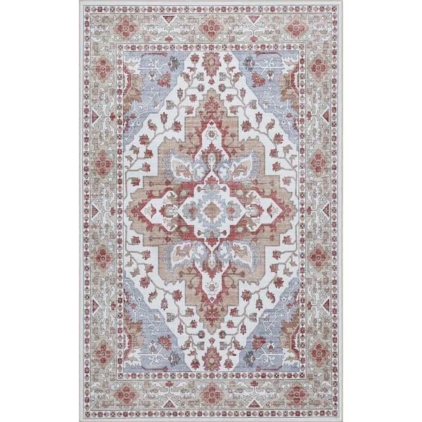 Superbia Boho Medallion Border Non-Slip Machine-Washable Rose Clay/Cream 9 ft. x 12 ft. Area Rug