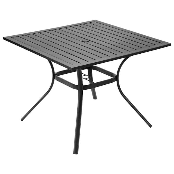 Outdoor Patio Dining Table, 37 in. Square Metal Steel Slat, with 1.5 in. Umbrella Hole, Outside All-Weather Large, Black