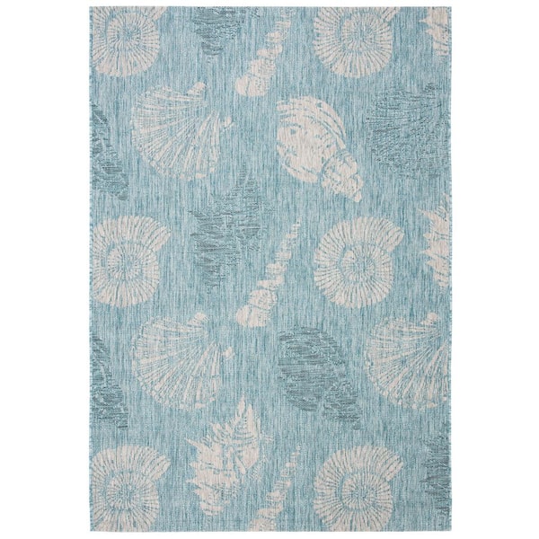 Courtyard Aqua/Cream 9 ft. x 12 ft. Geometric Indoor/Outdoor Patio  Area Rug