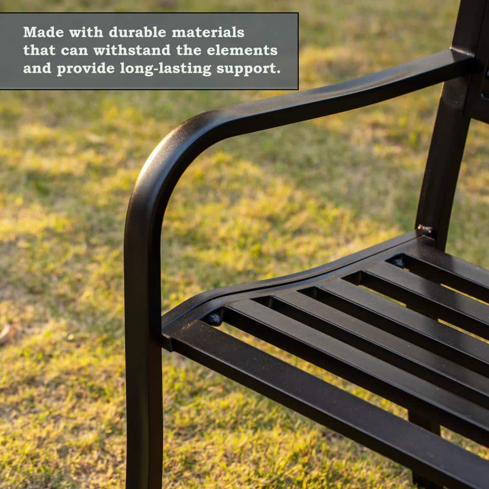 Black Powder Coated Steel Outdoor Bench with Cast Iron Backrest