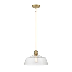 15 in. W x 8 in. H 1-Light Natural Brass Hanging Pendant Light with Clear Vintage Glass Shade