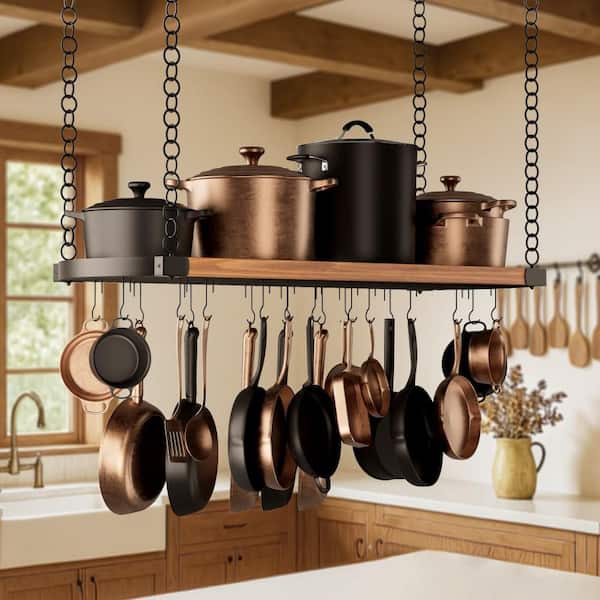 Matte Black 18 in. x 48 in. Wooden Ceiling Hanging Pot Rack, 20 Hooks, 132 lb Capacity