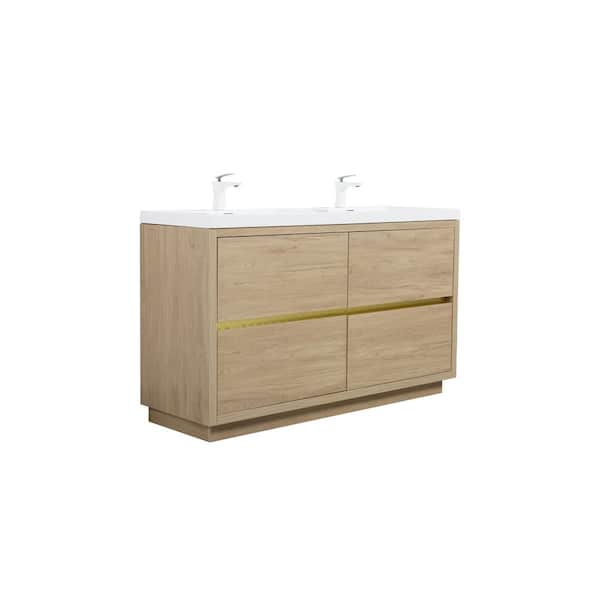Velta 59 in. Double Sinks Modern Freestanding Natural Oak Bath Vanity with White Resin Top, Cabinet, Drawers