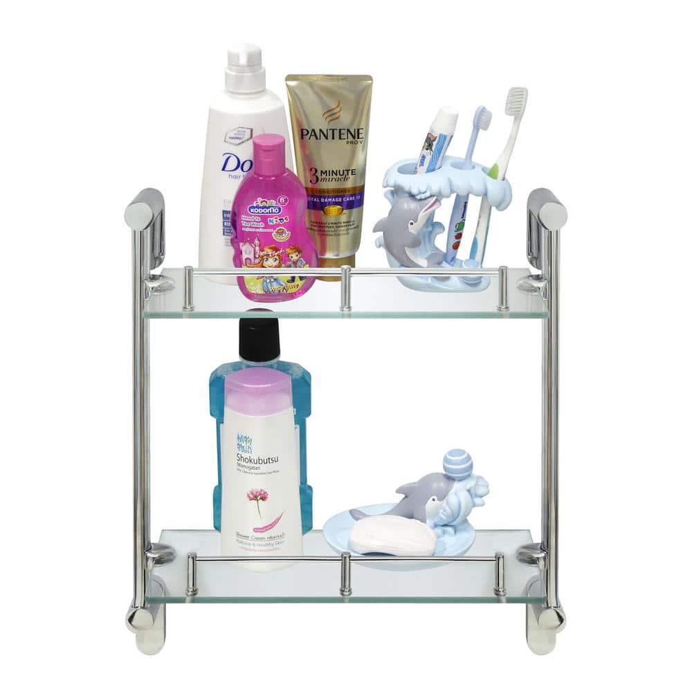 Sleek Modern Chrome-Finished Steel and Glass Bathroom Wall Shelf