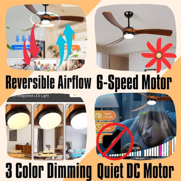 Wood Leaf Series 52 in. Smart Brown Ceiling Fan Low Profile 3-Blade Solid Wood, Warm Light LED with Remote,Downrod Mount