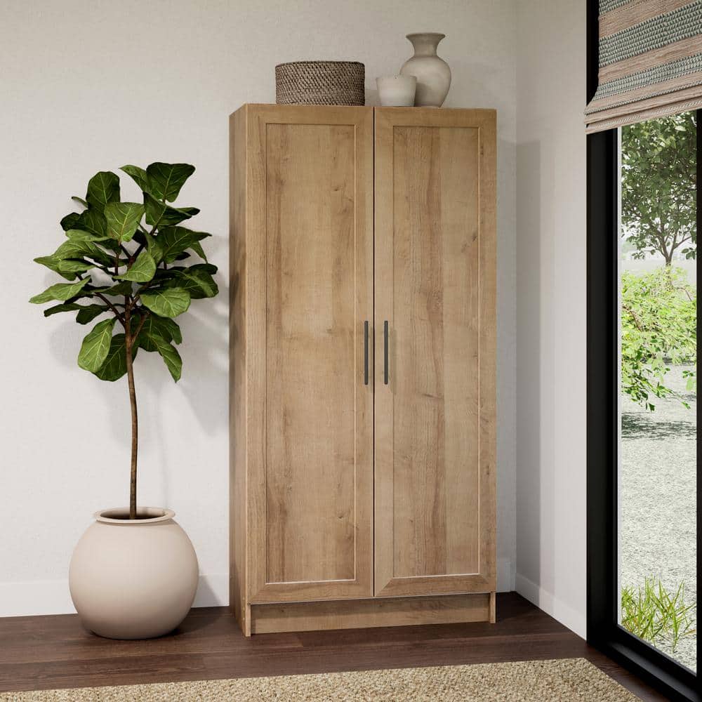 Prepac Natural Oak Elite 65 Tall Accent Kitchen Pantry Cabinet Craft or Bathroom Storage Cabinet Buffet Cabinet with Panel Doors 3 Shelves 32