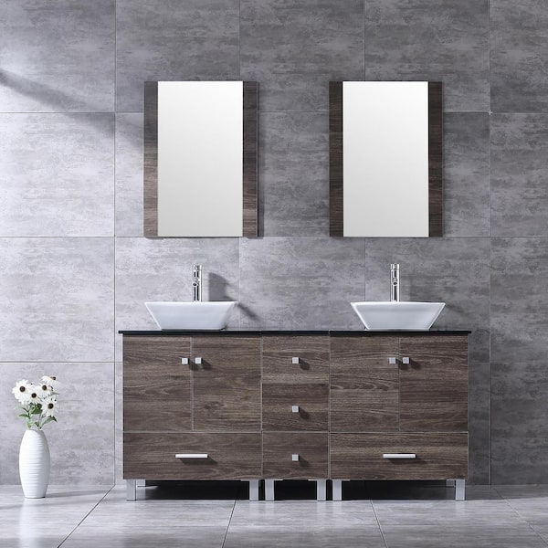 Wonline Wonline 60 in. Brown Bathroom Sink Vanity with Black Glass Top Large Capacity Lockers Bathroom Vanity Combo with Mirror