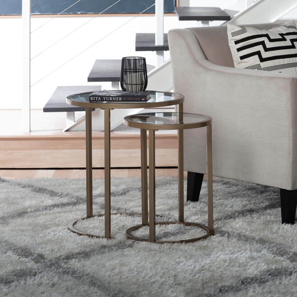 Bronze Round Metal and Glass Nesting Side Tables, Set of 2