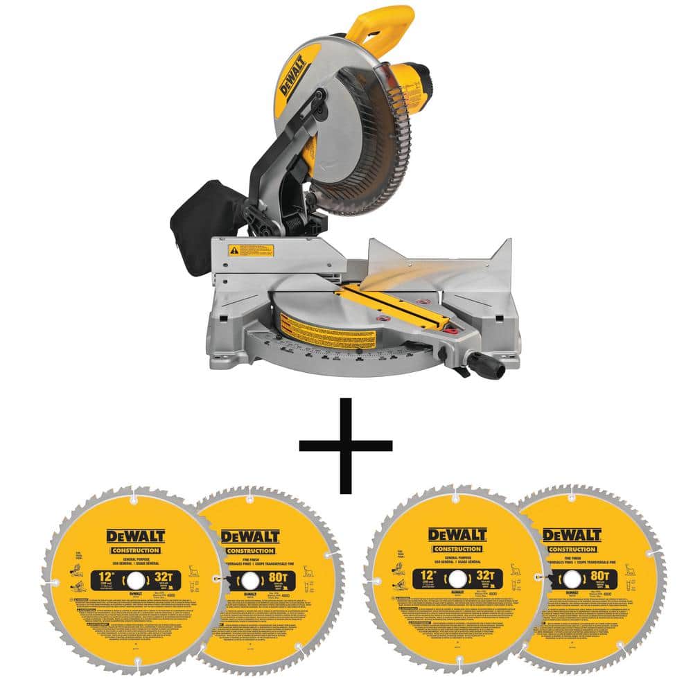 DEWALT 15 Amp Corded 12 in. Compound Single Bevel Miter Saw and 12 in. Miter Saw Blade 32-Teeth and 80-Teeth (4 Pack) -  DWS715W3128P5
