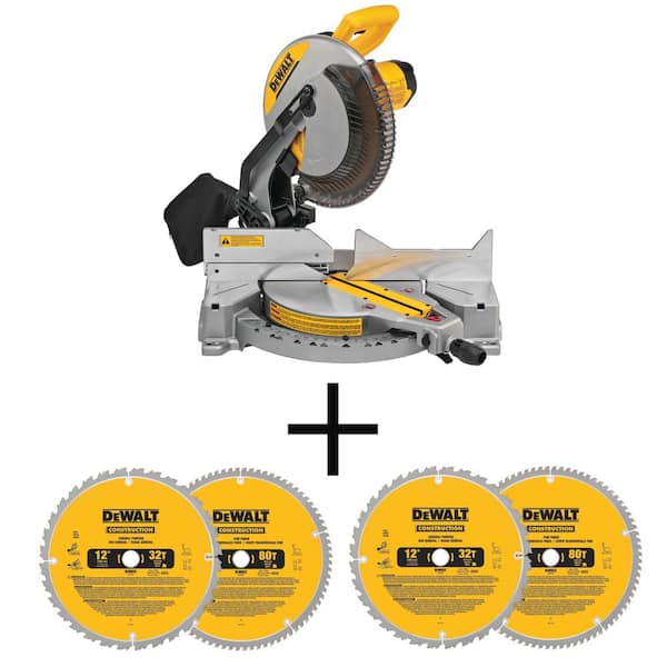 DEWALT 15 Amp Corded 12 in. Compound Single Bevel Miter Saw and 12 in. Miter Saw Blade 32-Teeth and 80-Teeth (4 Pack)