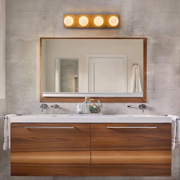 Votos 4-Light 22.8 in. W Dark Oak Vanity Light Wood Flush Mount with Opal Glass Globe Shade for Bathroom