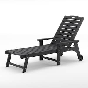 Helen Black Recycled Plastic Plywood Adjustable Outdoor Reclining Chaise Lounge Chairs With Wheels for Poolside Patio
