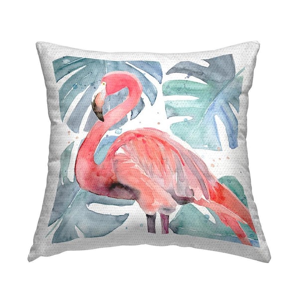 Pink Tropical Flamingo Green Monstera Plant Leaves Pink Square Outdoor Throw Pillow