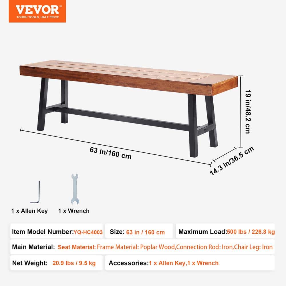 63-Inch Brown Wood and Black Metal Outdoor Bench