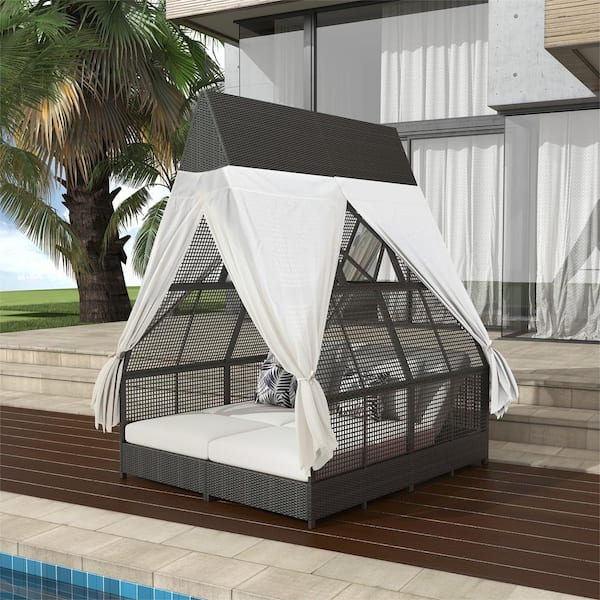 Nestfair Wicker Outdoor Day Bed Lounge Bed with Adjustable Backrest, Curtains, 4-Pillows and Cream Cushions