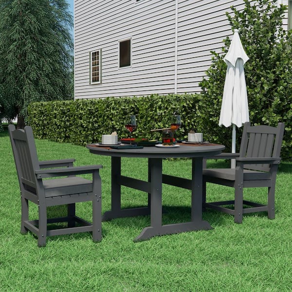myhomore Gray 3-Piece Plastic Round Outdoor Dining Table Set with Gray Cushion and Armrests