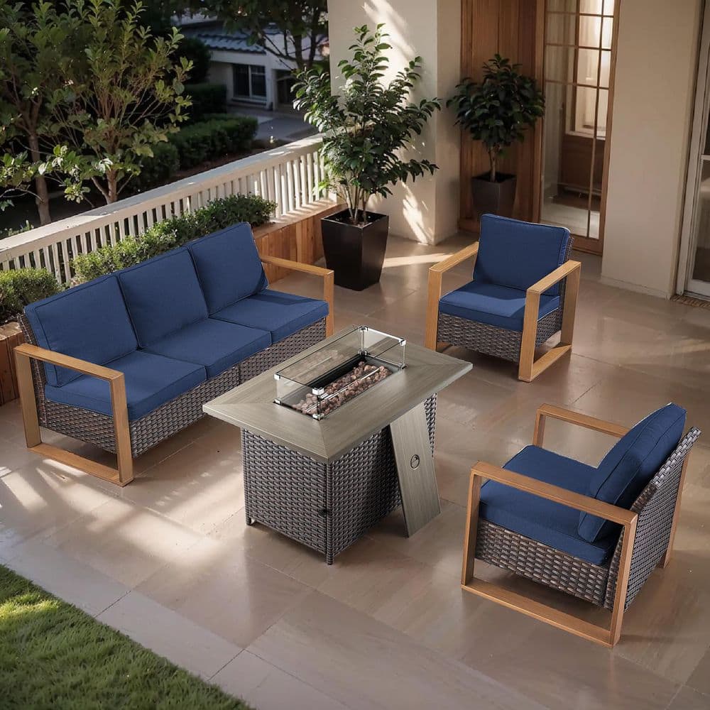 CubeEdge 4-Piece Brown Wicker Fire Pit Conversation Set with Olefin Blue Cushions and Couch/ Patio Lounge Chairs price history on PriceWatchPro