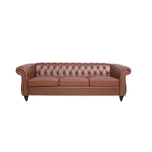 84 in. W Round Arm Faux Leather Chesterfield 3-Seater Luxury Straight Sofa in Brown (4-Seat)