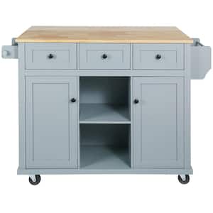 Blue Rubber wood 53 in. Kitchen Island Drop-Leaf Countertop Cabinet door internal storage racks 5-Wheels 3-Drawers