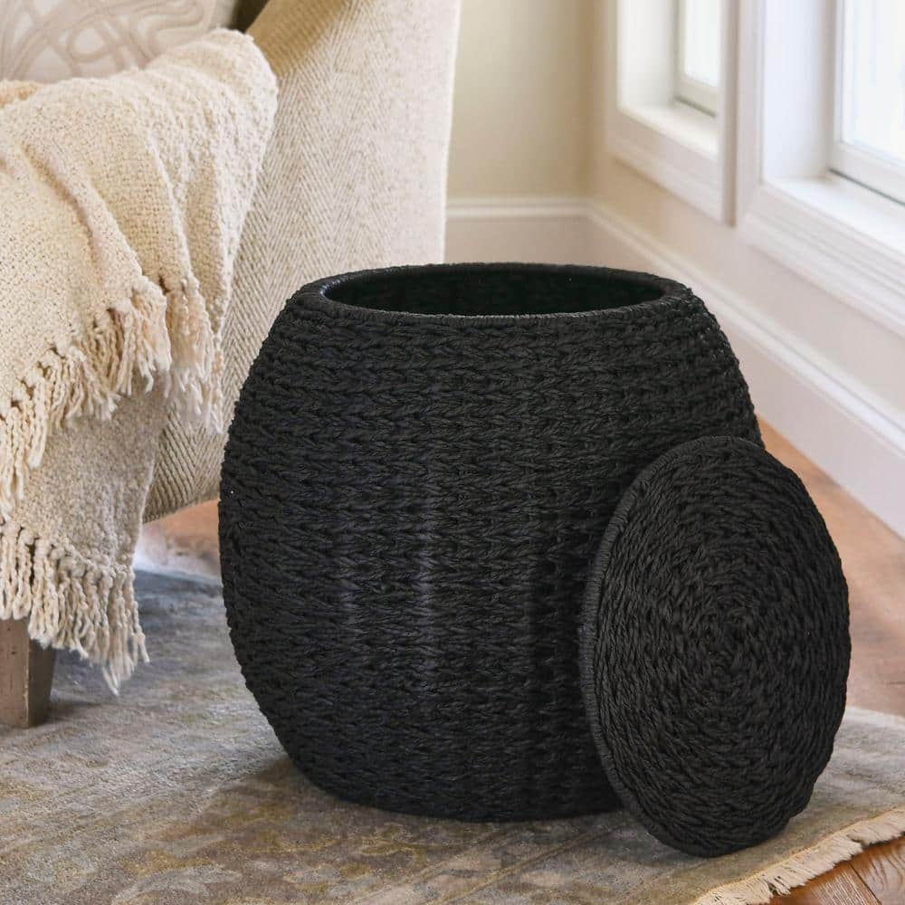 Black Handwoven Paper Rope Barrel Wicker Storage Basket Side Table