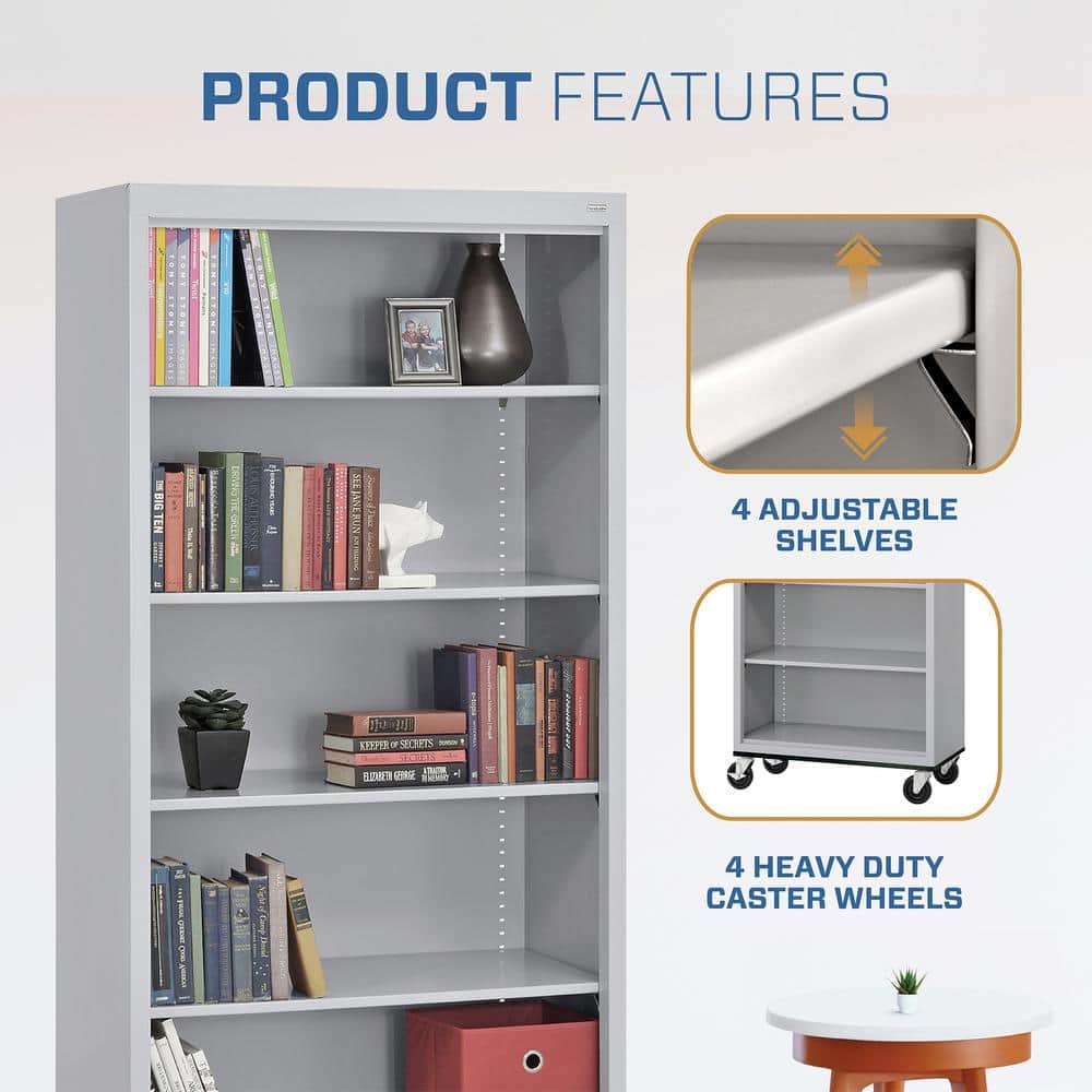 Dove Gray Adjustable Steel Mobile Bookcase with Shelves