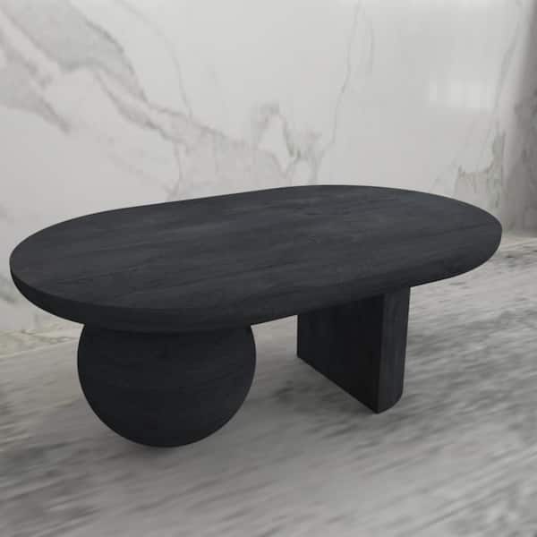 THE URBAN PORT Uri 38 in. Sandblasted Black Oval Mango Wood Coffee Table with Full and Half Spherical Leg