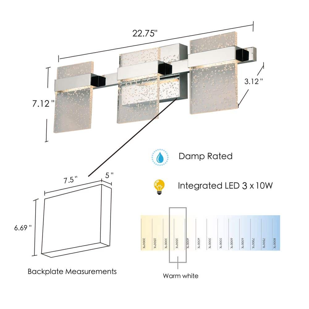 Madrona Chrome 22.75" LED Vanity Light with Seedy Acrylic Shades