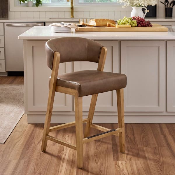 Dunbar 26 in. Camel Color High Back Counter Stool with Faux Leather Seat and Wood Frame