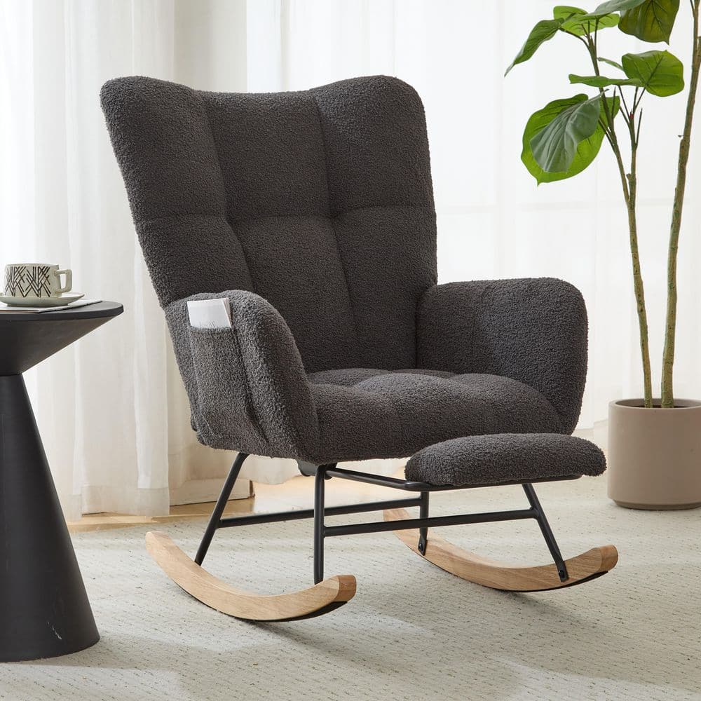 25.2 in. W Gray Teddy Fabric Wingback Rocking Chair with Footrest Side Pocket, Solid Wood Base for Living Room
