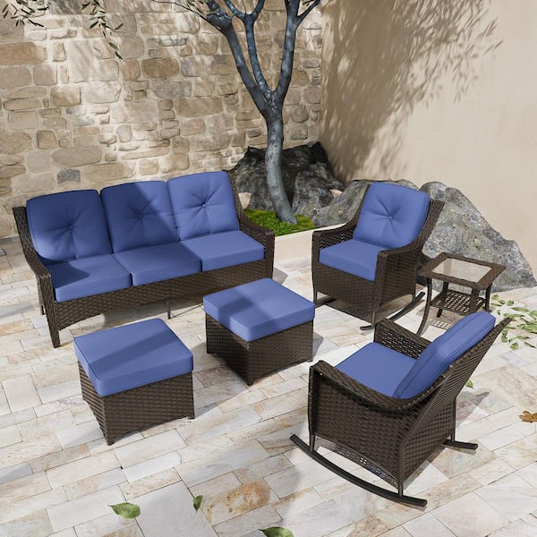 COOS BAY Brown 6-Piece Wicker Patio Conversation Set with Rocking Chairs, Outdoor Sofa Seating Set with Olefin Blue Cushions