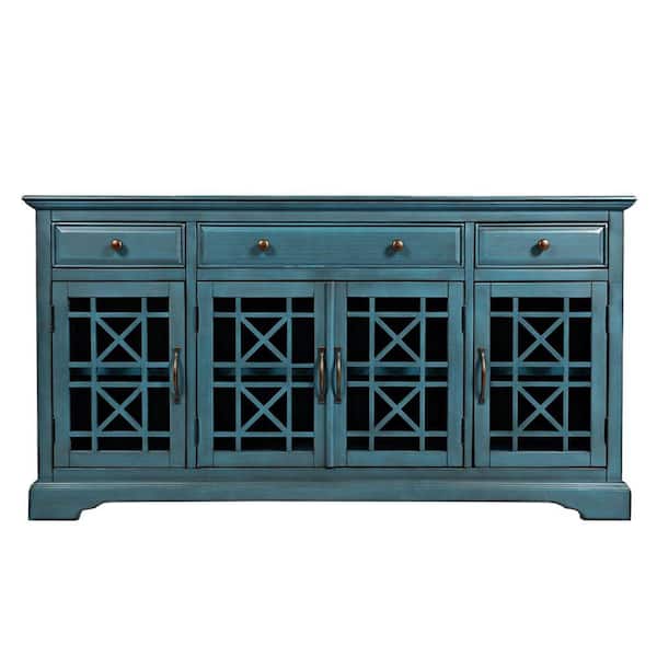 Benjara 60 in W Antique Blue Wooden Media Unit Fits 60 in. TV with 3-Drawers