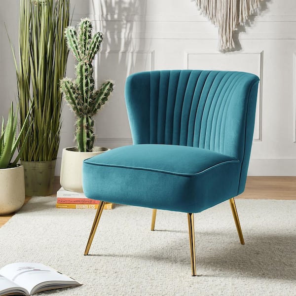 JAYDEN CREATION Monica Modern Blue Velvet Comfy Living Room Side Chair with Golden Metal Legs