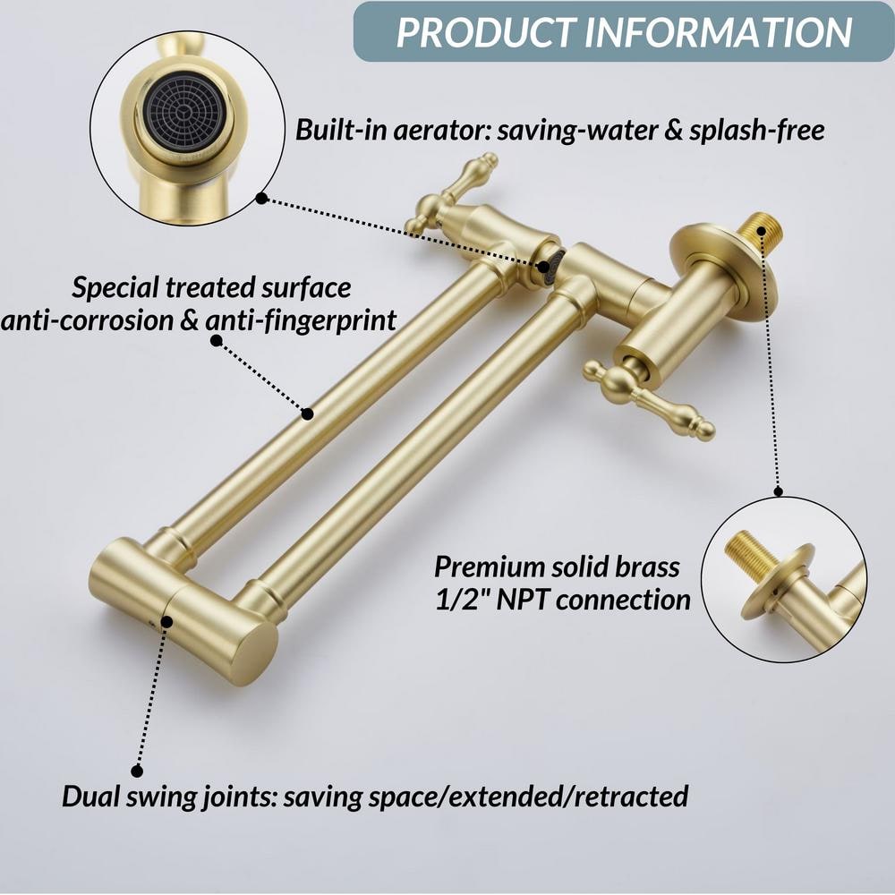 Brushed Gold Solid Brass Wall-Mounted Pot Filler Faucet