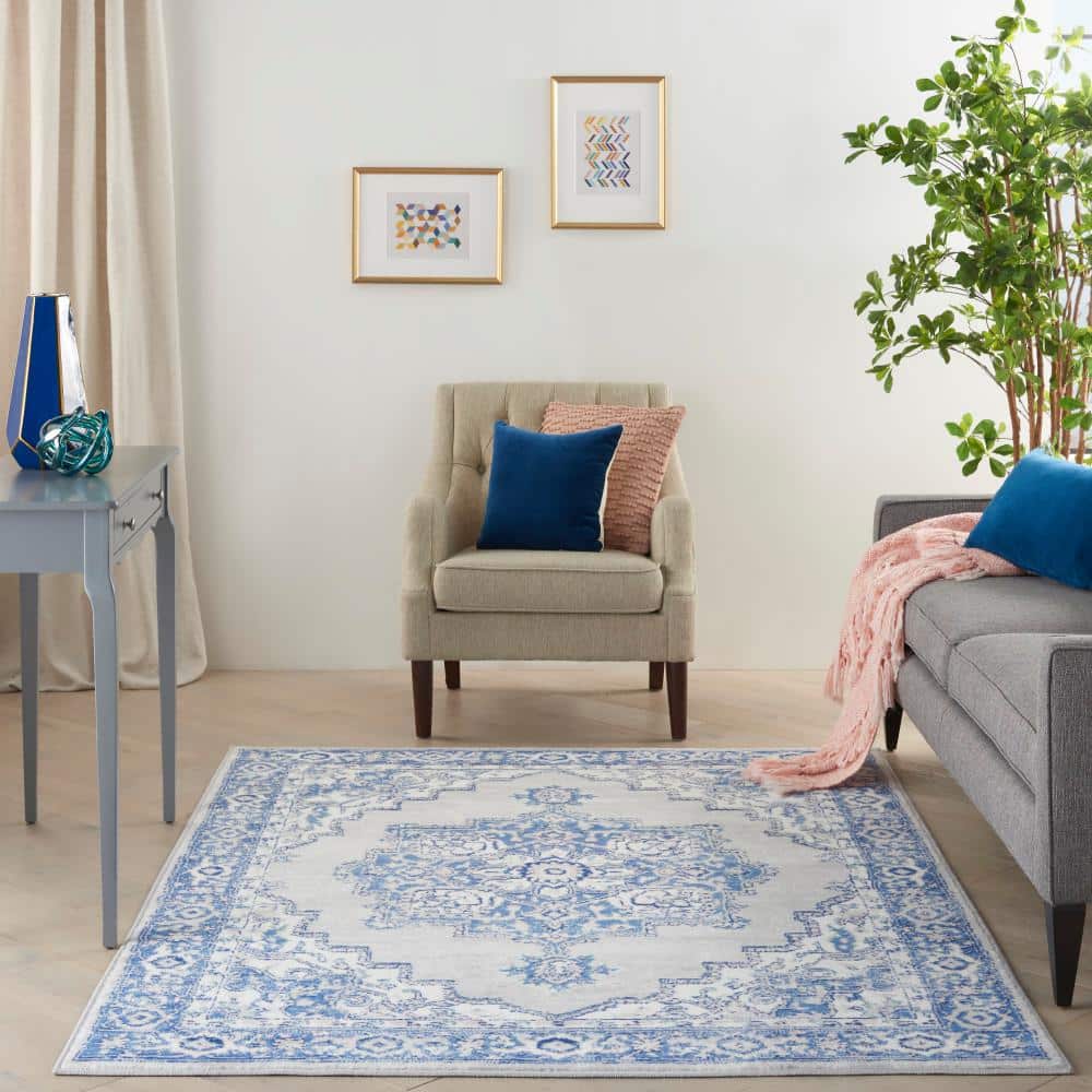 Grey Blue Floral Medallion 5' x 7' Synthetic Area Rug