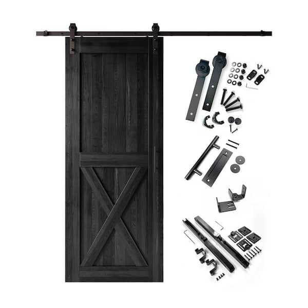 HOMACER 36 in. x 96 in. X-Frame Black Solid Pine Wood Interior Sliding Barn Door with Hardware Kit, Non-Bypass