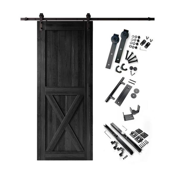HOMACER 36 in. x 96 in. X-Frame Black Solid Pine Wood Interior Sliding Barn Door with Hardware Kit, Non-Bypass