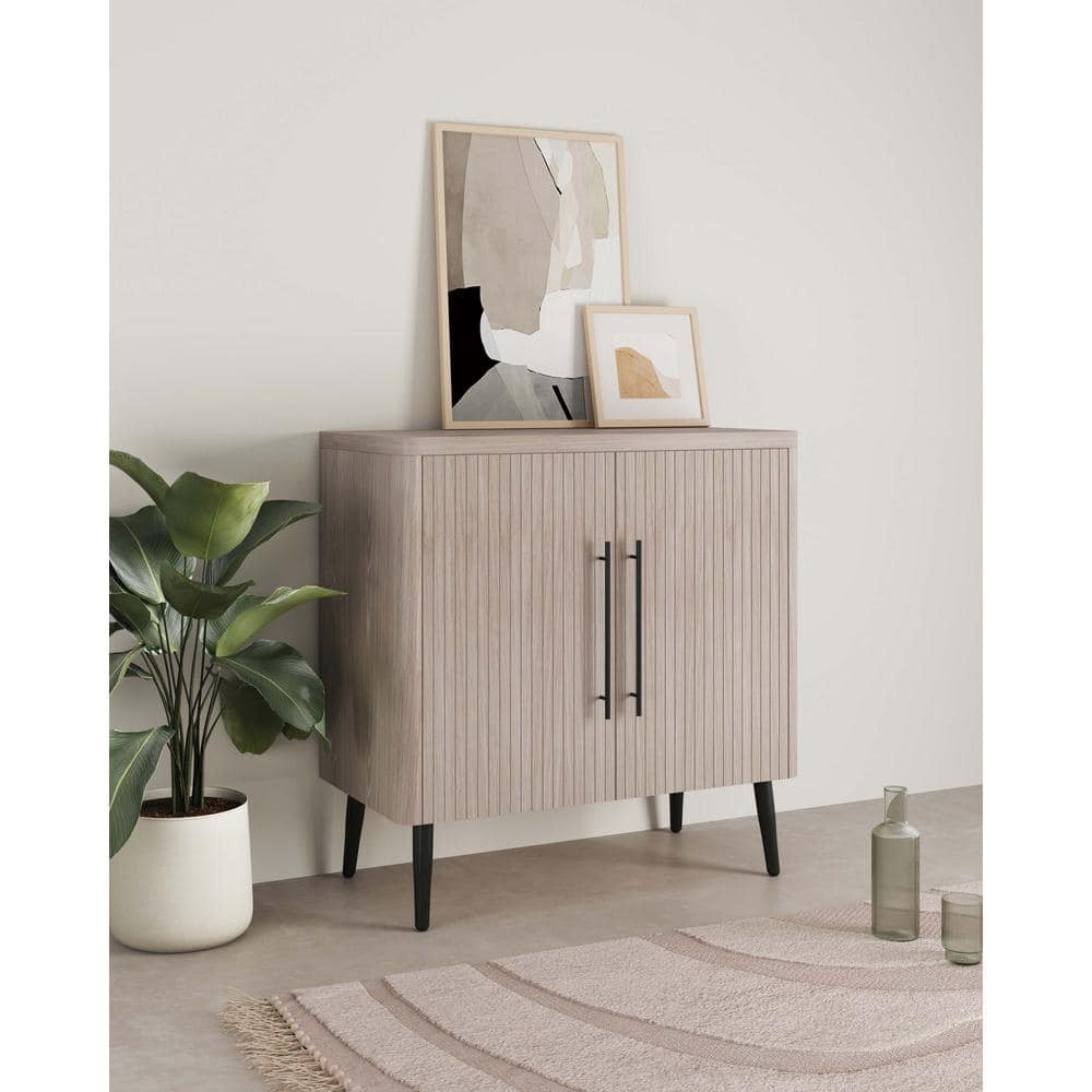 Whitewashed Oak Mid-Century Modern Office Cabinet with Adjustable Shelving