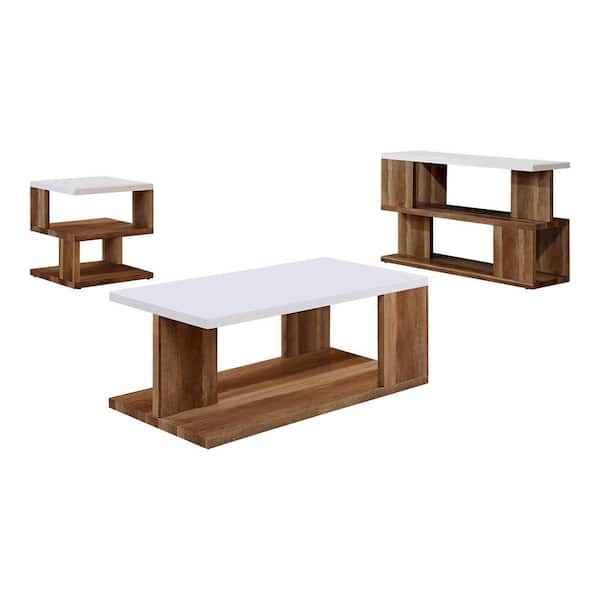 Furniture of America Hyatt 47.25 in. White and Natural Rectangle Composite Coffee Table Set with Shelves (3-Piece)
