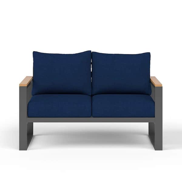 Aluminum Outdoor Patio Sofa All-Weather Loveseat with Blue Cushions
