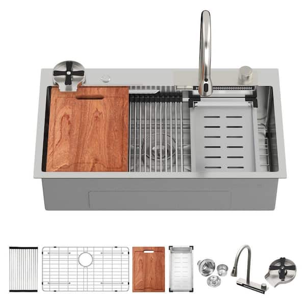 Loile 33 in. Drop-In Workstation Single Bowl 16 Gauge T-304 Stainless Steel Kitchen Sink in Brushed Nickel with Faucet