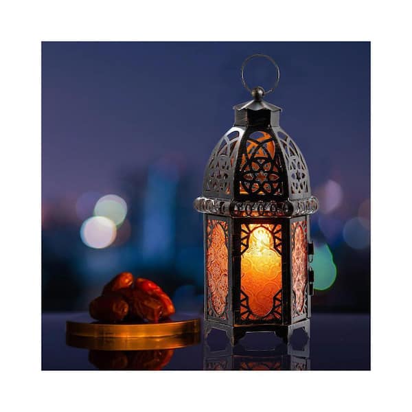 Afoxsos 12.8 in. x 4.1 in. Amber Metal Lantern w/ Candle 1-Pack