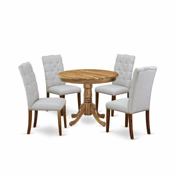 East West Furniture 5-Piece Round Natural Oak Finish Solid Wood Top Dining Table with 4-Parson Chair with Lattice Back