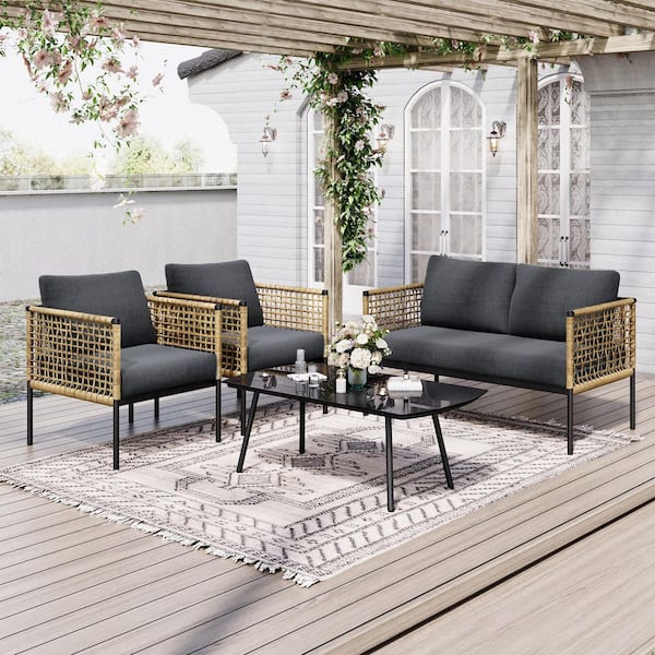 4-Piece Patio Conversation Set, Balcony Bistro Set 2 Outdoor Chairs & 1 Loveseat with Cushions, Coffee Table, Dark Gray