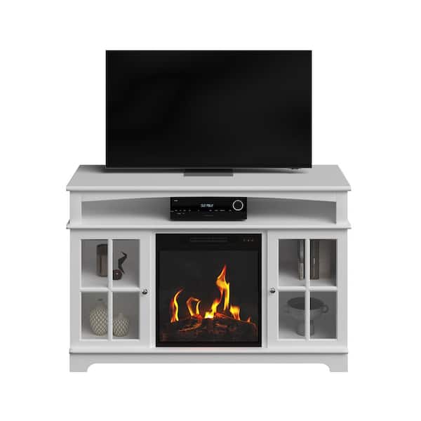 Northwest 44.5 in. Wood and Tempered Glass Door Freestanding TV Stand with Electric Fireplace in White