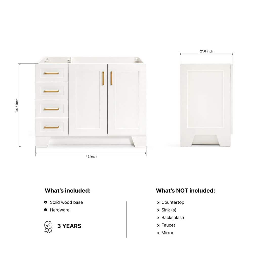 White Wood Freestanding Bathroom Vanity with Brass Hardware, 42 inches