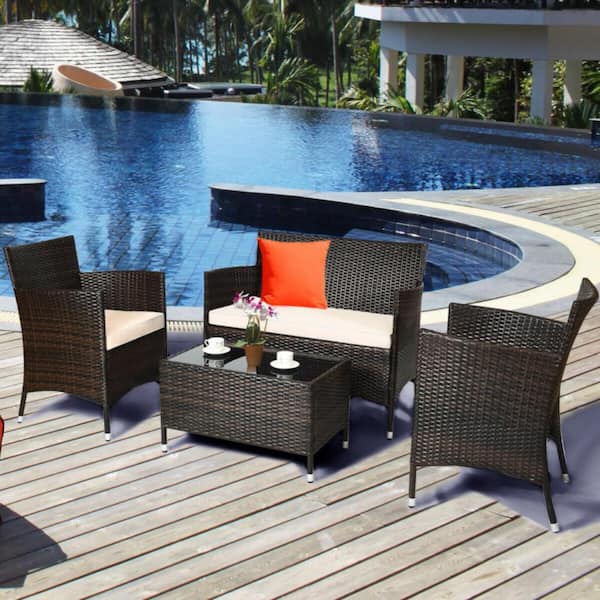 Kadehome 4-Piece Wicker Patio Conversation Set with Beige and Red Cushions