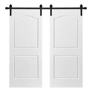 Modern 2 Panel Archtop  Designed 64 in. x 84 in. MDF Panel White Painted Double Sliding Barn Door with Hardware Kit